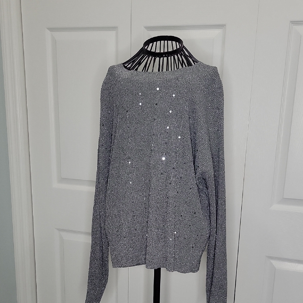 Alfani Gray Metallic Sweater with Scattered Sequins Size Large